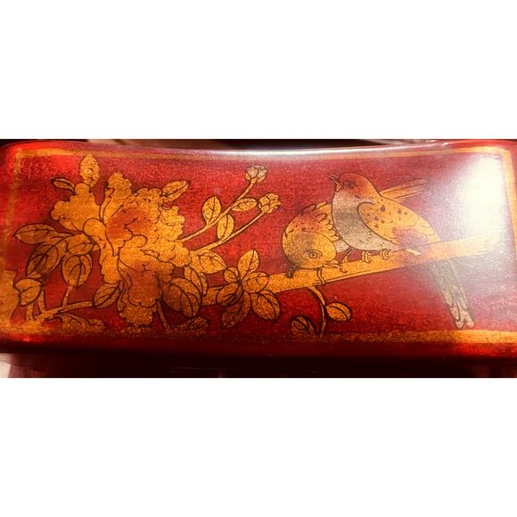 Chinese Lacquered Wood Pillow Box with Flowers and Birds 8” L x 3.5” T x 3”W - Picture 3 of 8